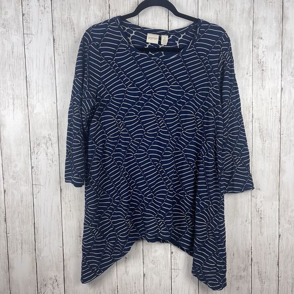 Chicos Zenergy Top Women 1 US Medium Blue Abstract Print Tunic Drapey Hem Casual - Picture 1 of 11